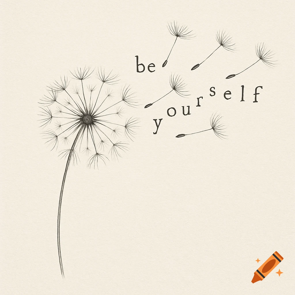 Delicate monochrome illustration of a dandelion with seeds floating away, some spelling 'be yourself'.