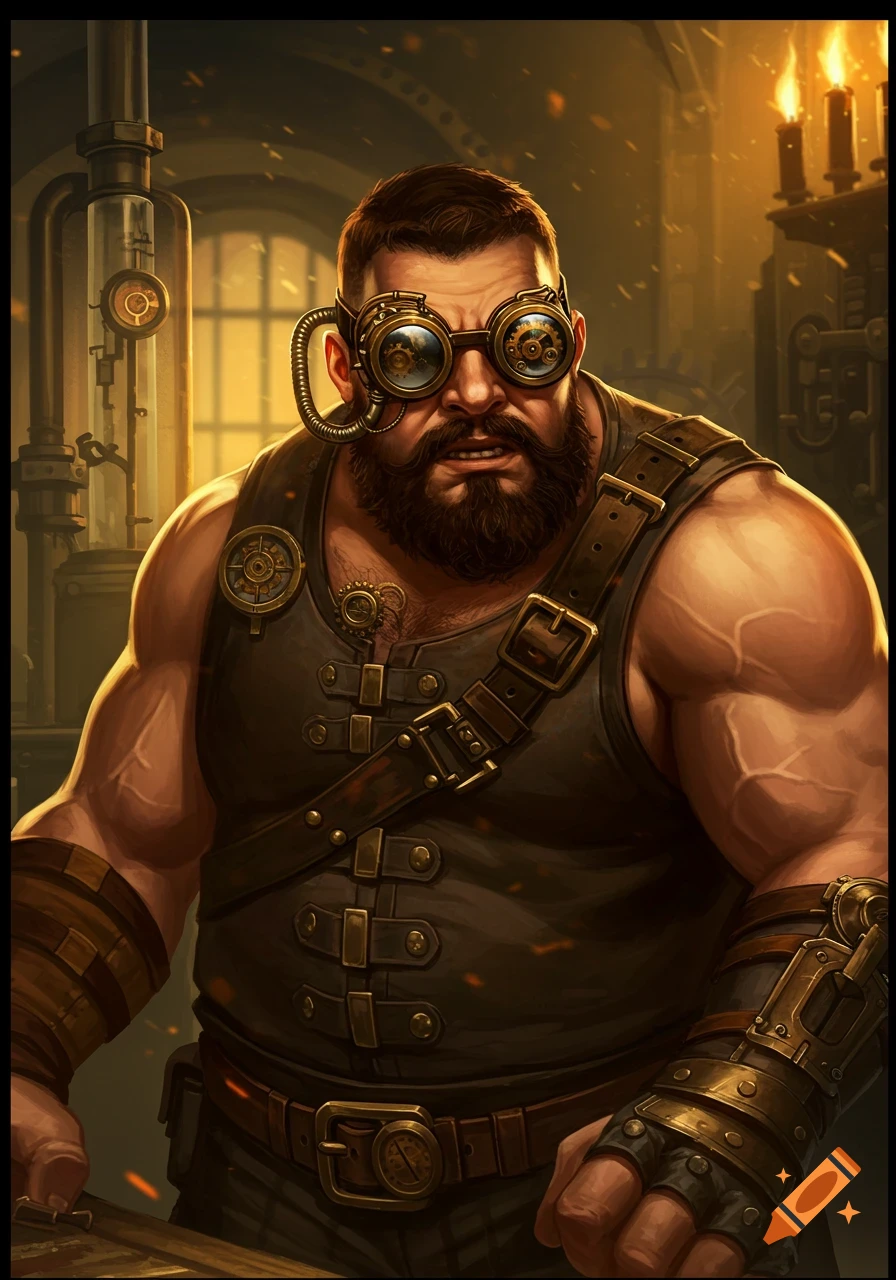 A muscular man with a beard and steampunk goggles wears a leather vest in a warm-lit workshop, illustration.