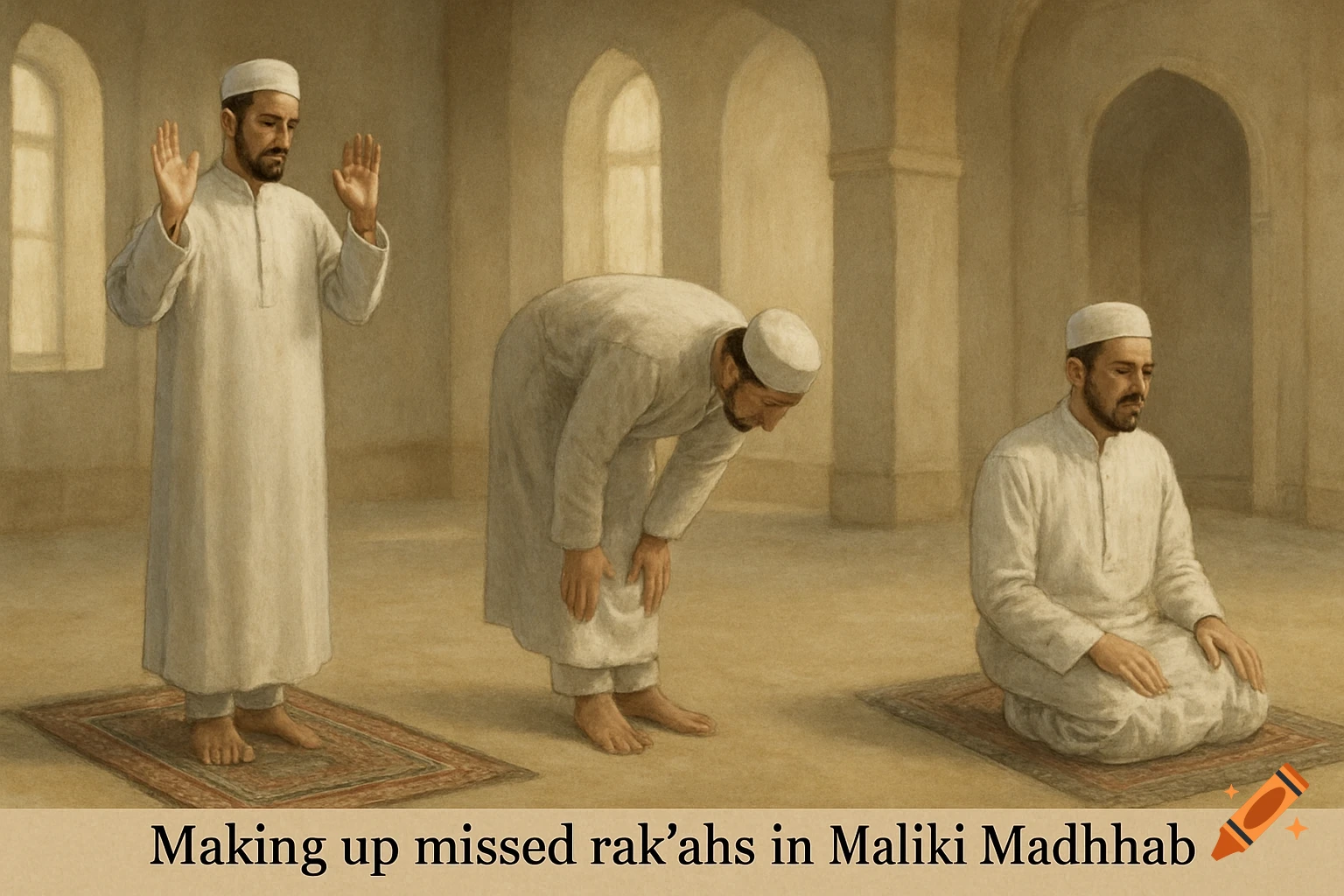 Painting of three Muslim men performing different stages of prayer inside a mosque. Text: 'Making up missed rak‘ahs in Maliki Madhhab.'