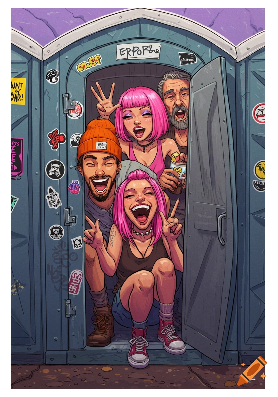Four diverse friends with vibrant pink hair and an orange beanie joyfully pose inside a portable toilet in a colorful, expressive illustration.