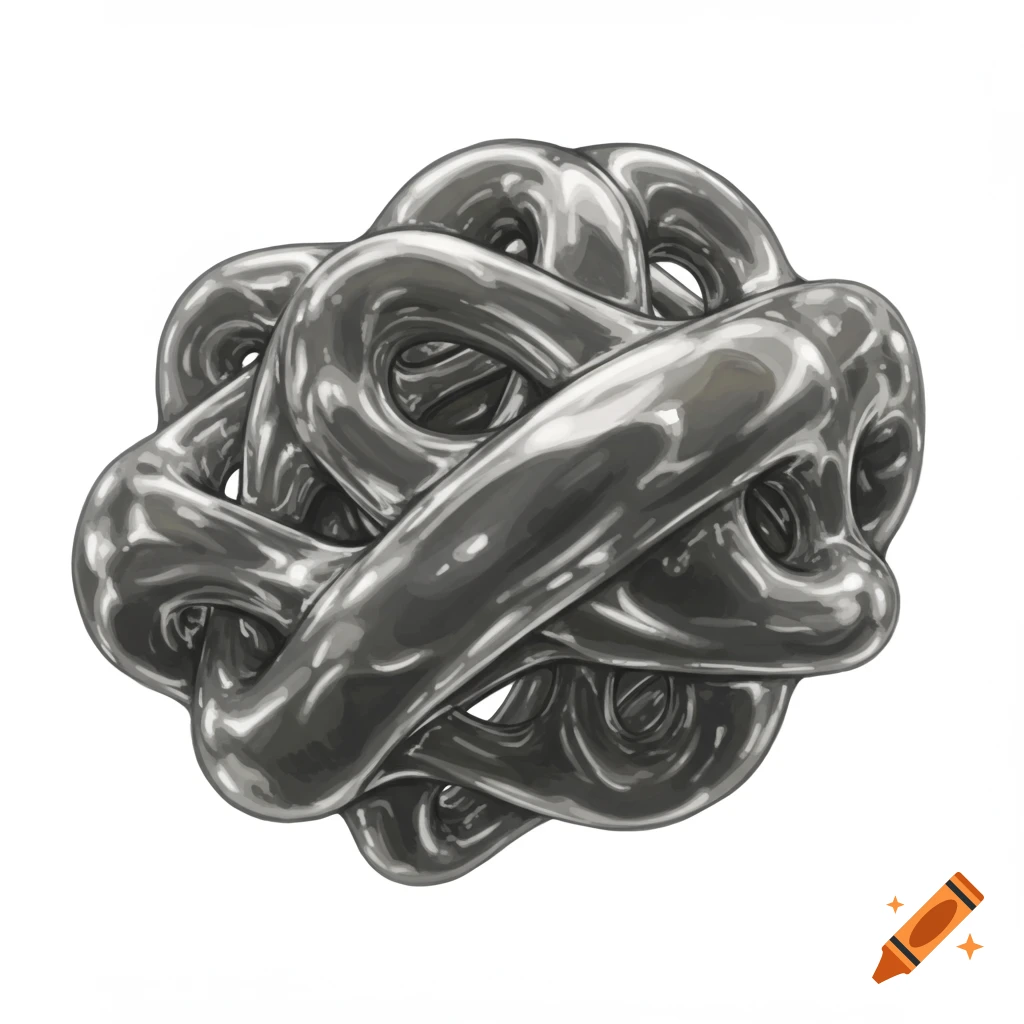 A tangled, glossy, metallic silver substance resembling goo or slime, against a white background.