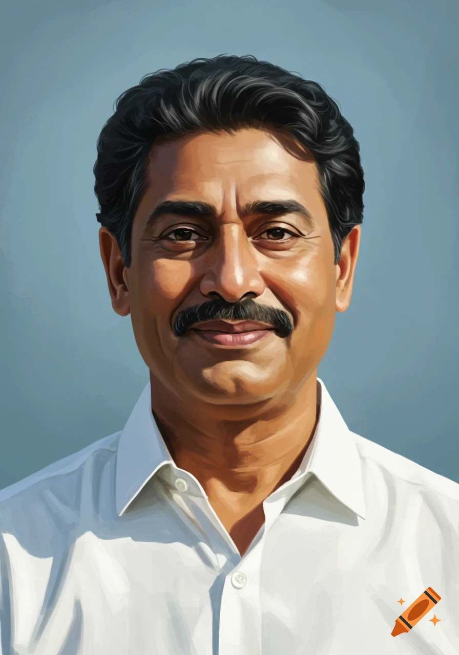 A digital art portrait of a smiling man with dark hair and a mustache, wearing a white collared shirt.