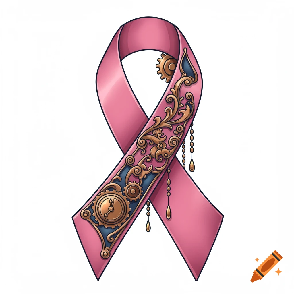 A pink breast cancer awareness ribbon adorned with intricate gold and blue steampunk gears and filigree, on a white background.