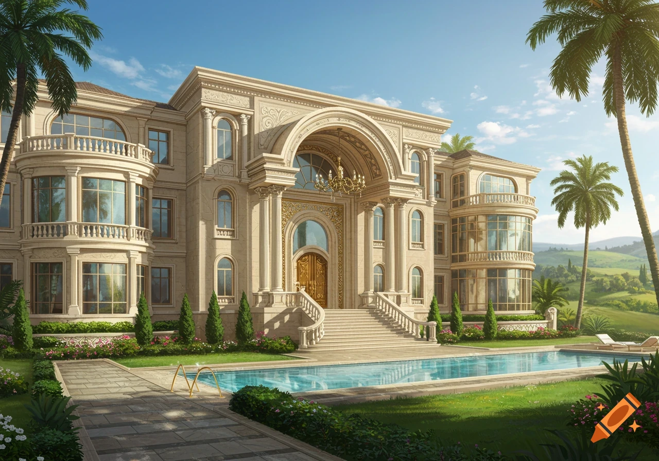A grand, luxurious mansion with classical architecture, a large swimming pool, lush green lawns, and tall palm trees under a blue sky.