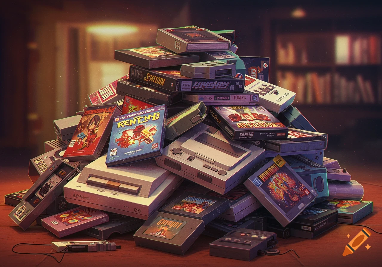 A large pile of retro video game consoles and cartridges, some with colorful cover art, stacked on a wooden surface.