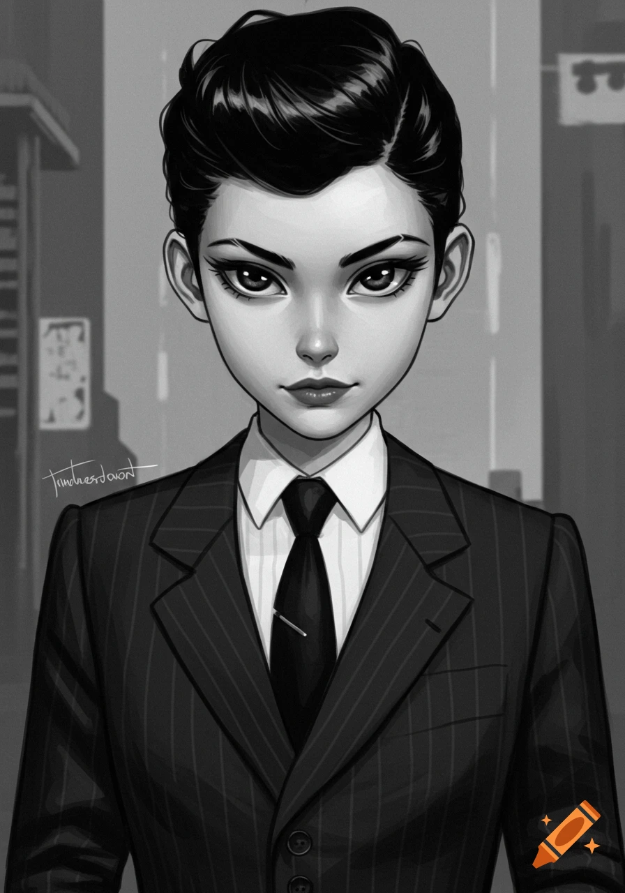 A black and white anime-style portrait of a woman with short dark hair, wearing a pinstripe suit and tie, looking sternly.