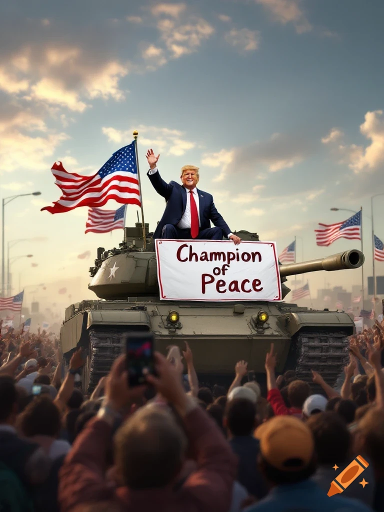 Donald Trump on a military tank, waving to a cheering crowd holding US flags, with a sign reading 'Champion of Peace' in a photorealistic style.