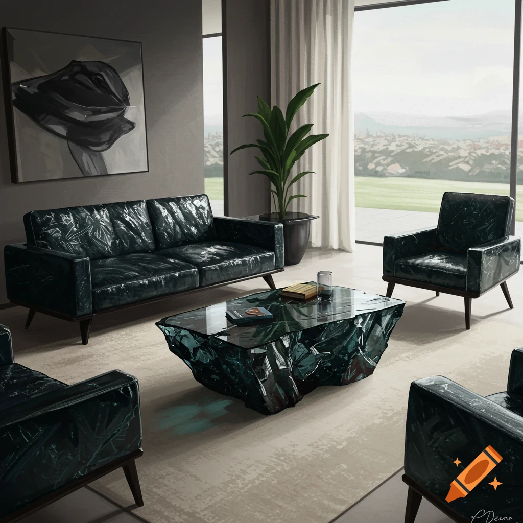 A modern living room with dark, textured sofas and armchairs, a large glass coffee table resembling rough obsidian, and expansive windows overlooking a city skyline.