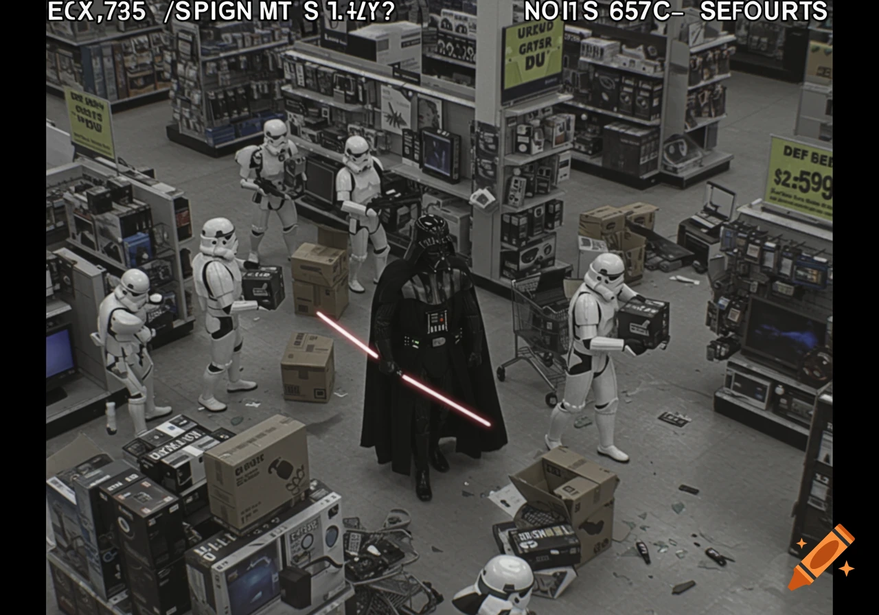 CCTV footage shows Darth Vader and several Stormtroopers looting a retail electronics store, with boxes scattered and a shopping cart nearby. Darth Vader holds a red lightsaber.