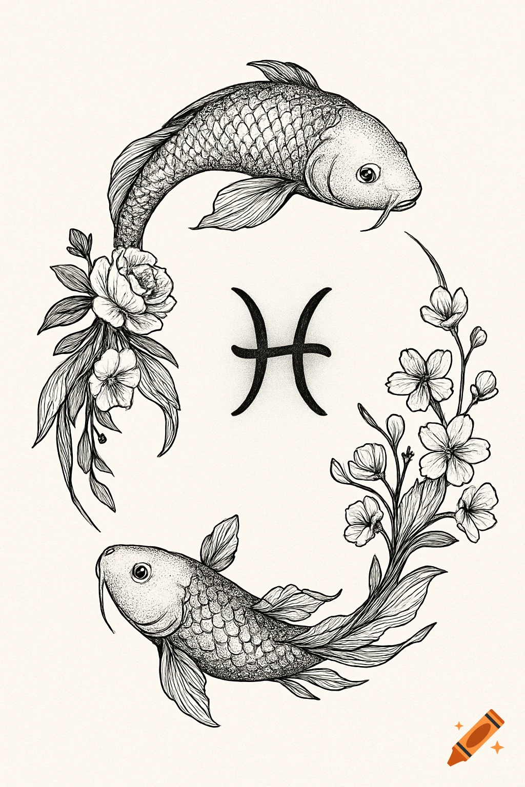 Black and white ink illustration of two koi fish forming a circle with botanical tails, surrounding a Pisces symbol.