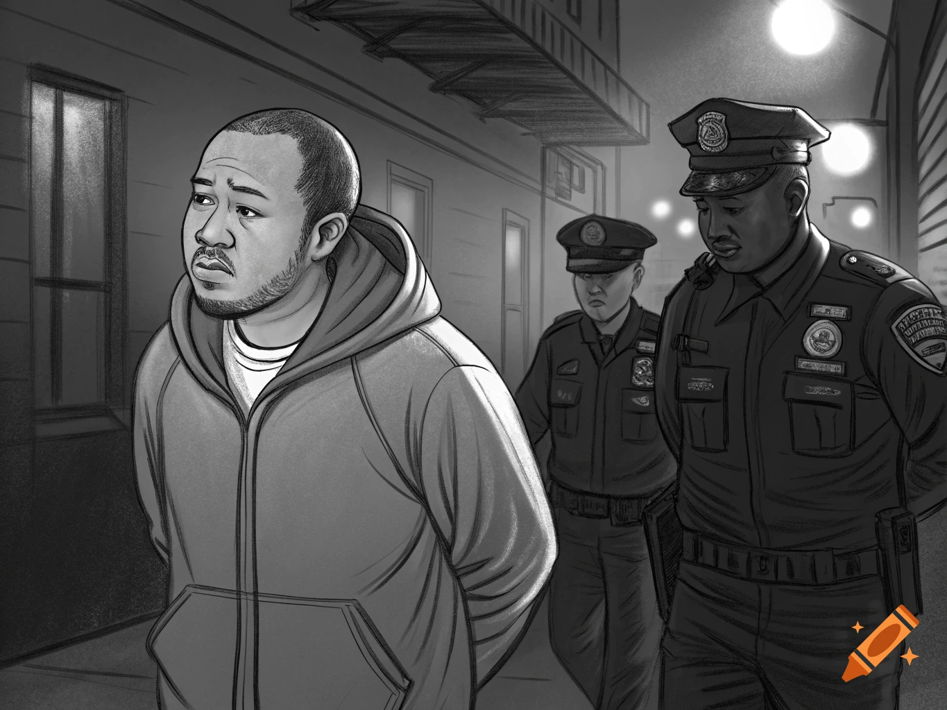 A black and white sketch depicts a man in a hoodie being arrested by two police officers on a city street at night.