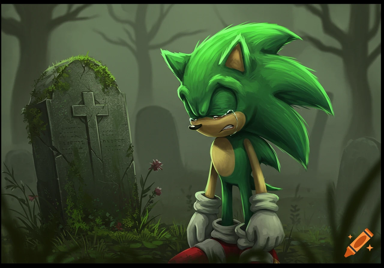 A green, Sonic-like character with tears on his face stands sadly in front of a moss-covered tombstone in a misty graveyard.