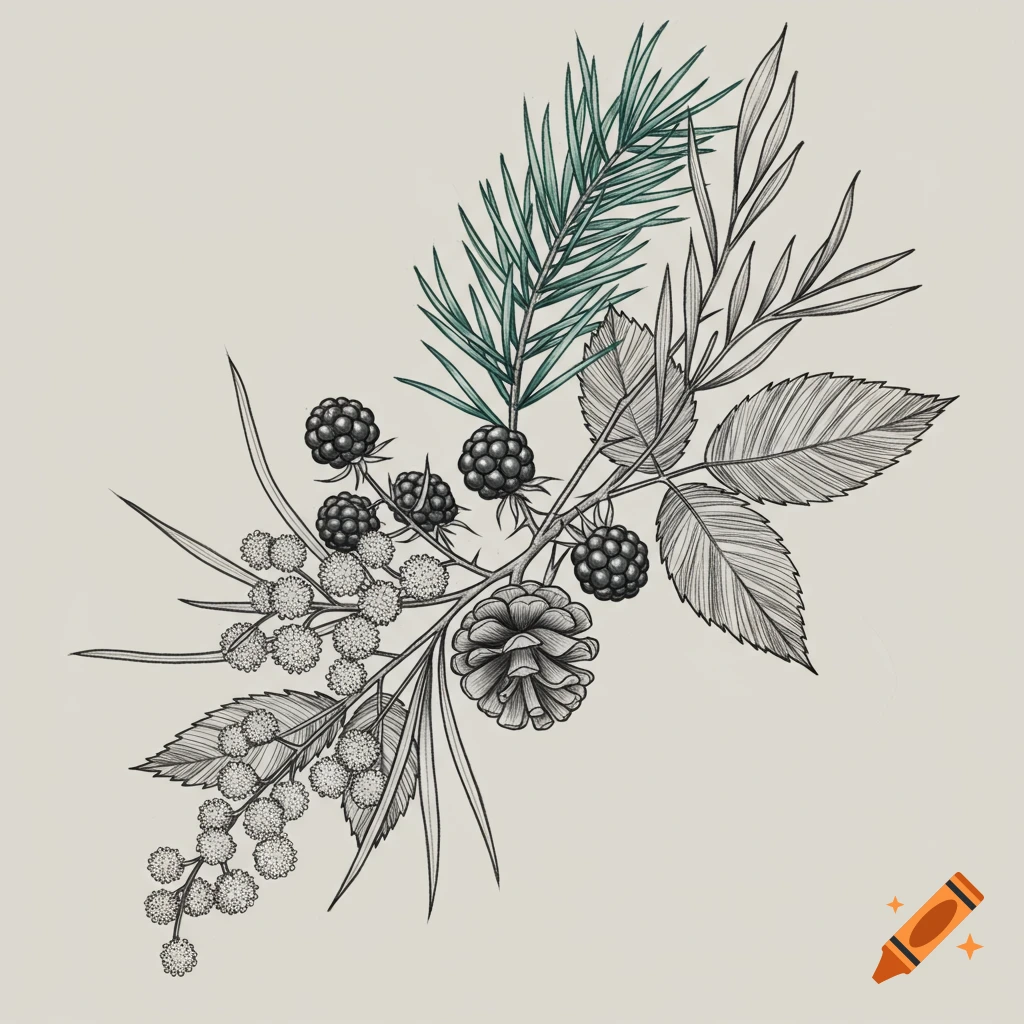 A fineline botanical illustration featuring black and white blackberries, a pinecone, wattle flowers, and green pine needles.