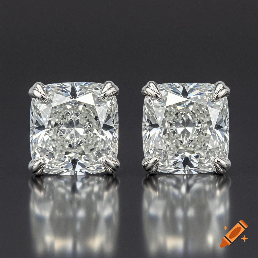 Two sparkling cushion-cut diamond stud earrings with prong settings on a dark reflective surface.