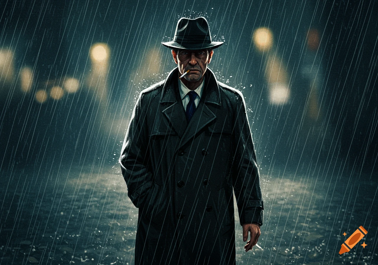 A photorealistic image of a detective in a trench coat and fedora walking in heavy rain, face in shadow, cigarette in mouth.