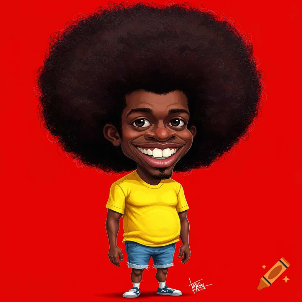 Caricature of a smiling Black man with a large afro, yellow shirt, and blue shorts on a red background.