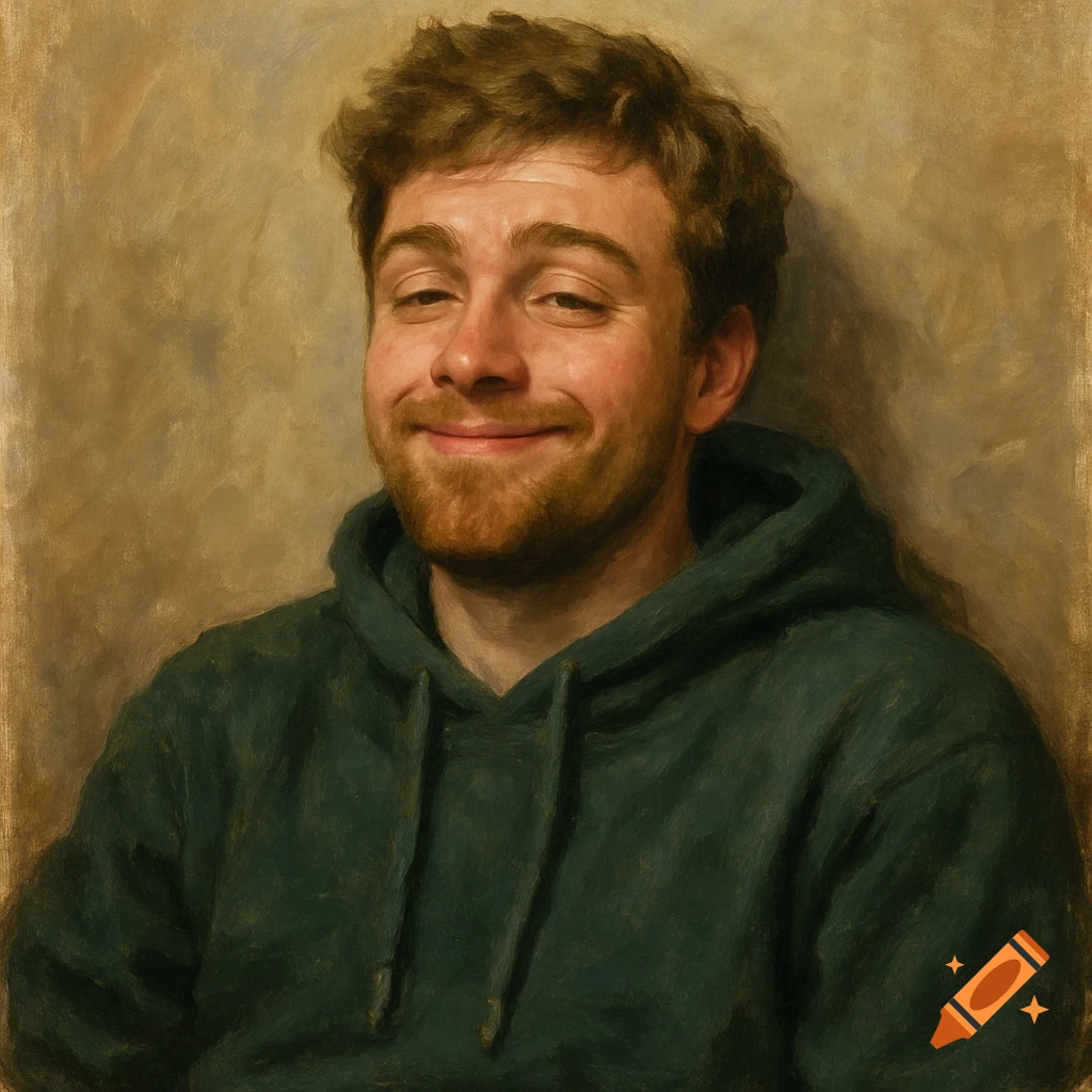 A painting of a smiling man with a beard and curly hair, wearing a dark green hoodie, in an oil portrait style.