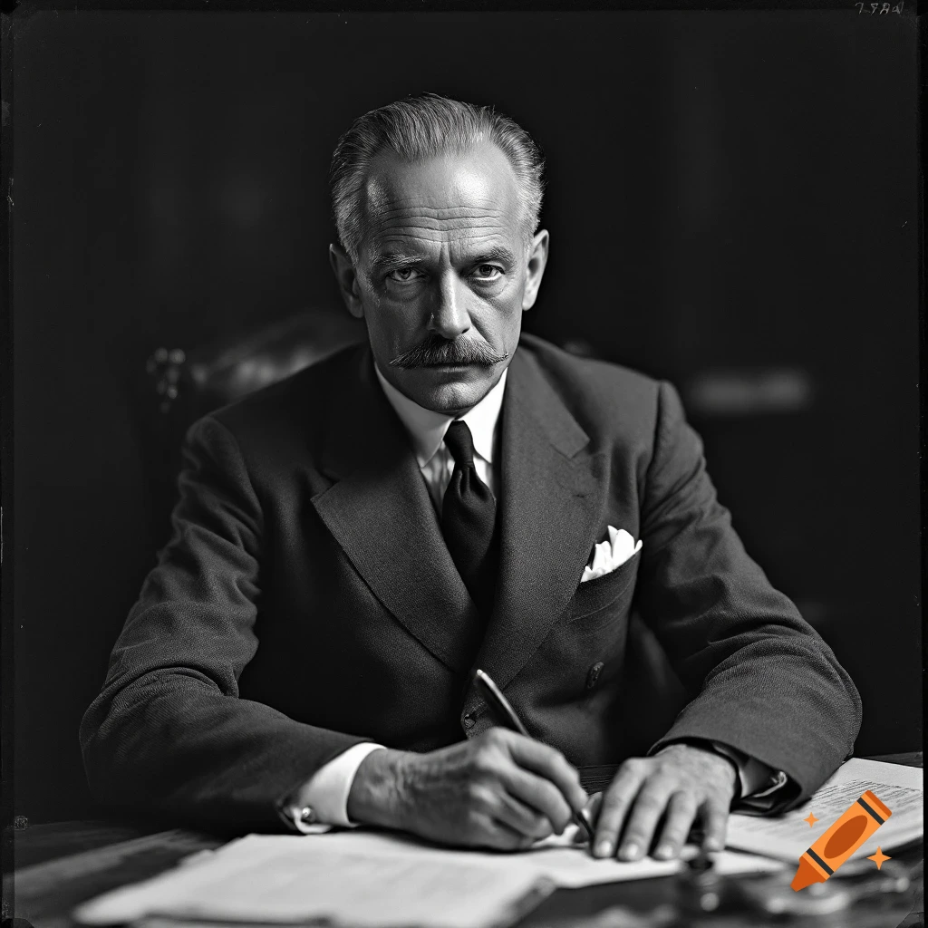 A black and white photo of a stern man with a mustache in a suit, sitting at a desk and writing, in a noir style.