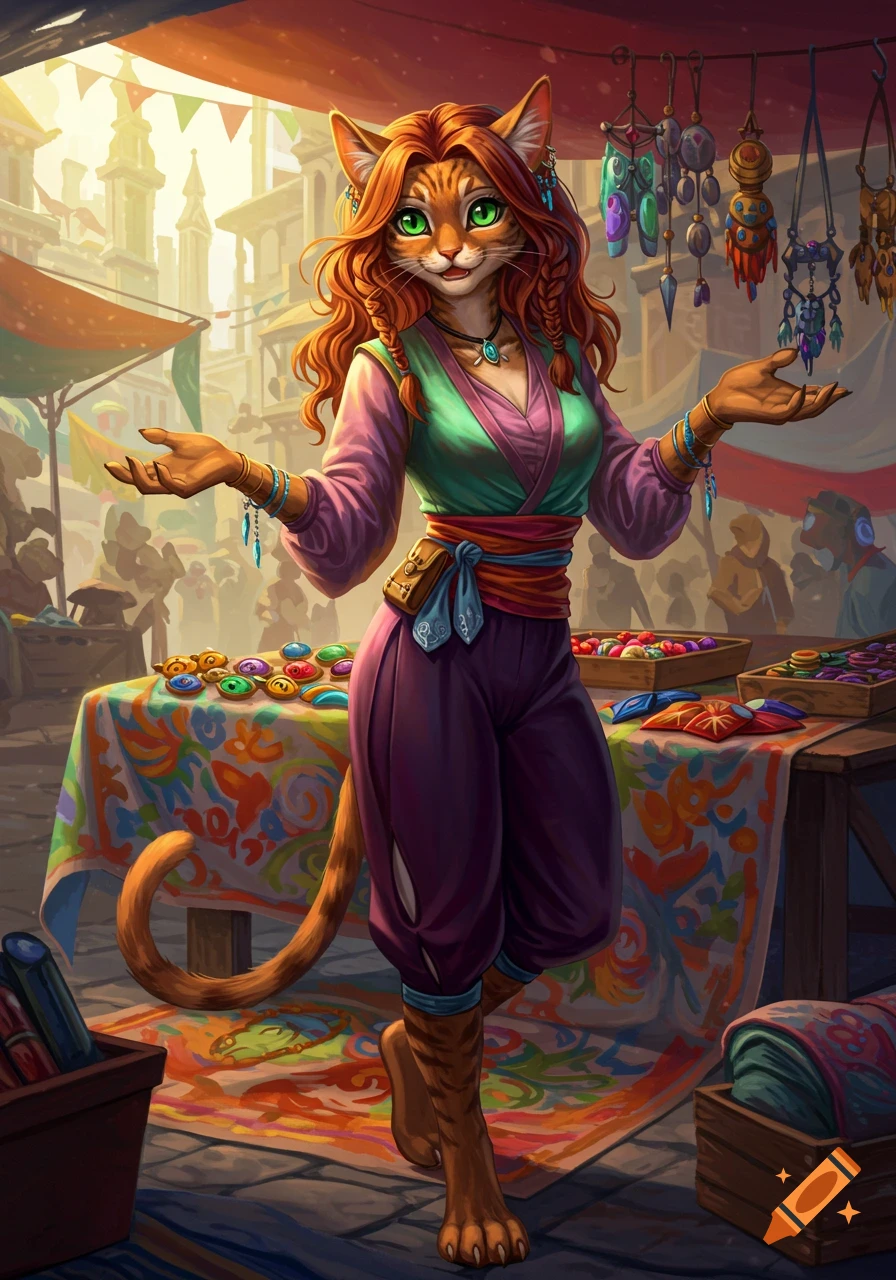 A detailed digital fantasy art portrait of a catfolk female street vendor with red hair and green eyes, posing in a bustling outdoor market.