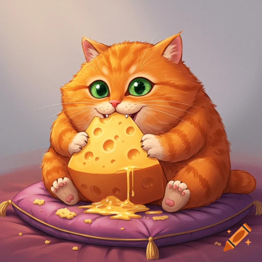 A chubby orange cartoon cat with big green eyes happily bites into a large wedge of Swiss cheese, sitting on a purple pillow with cheese bits.