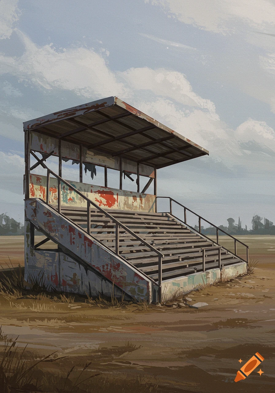 An artistic rendering of a crumbling, abandoned grandstand under a cloudy sky in a desolate, earthy landscape.