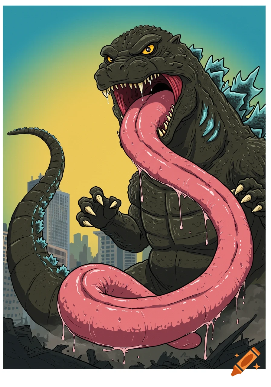 Cartoon illustration of Godzilla with a very long, drooling pink tongue extended, standing in a destroyed city.