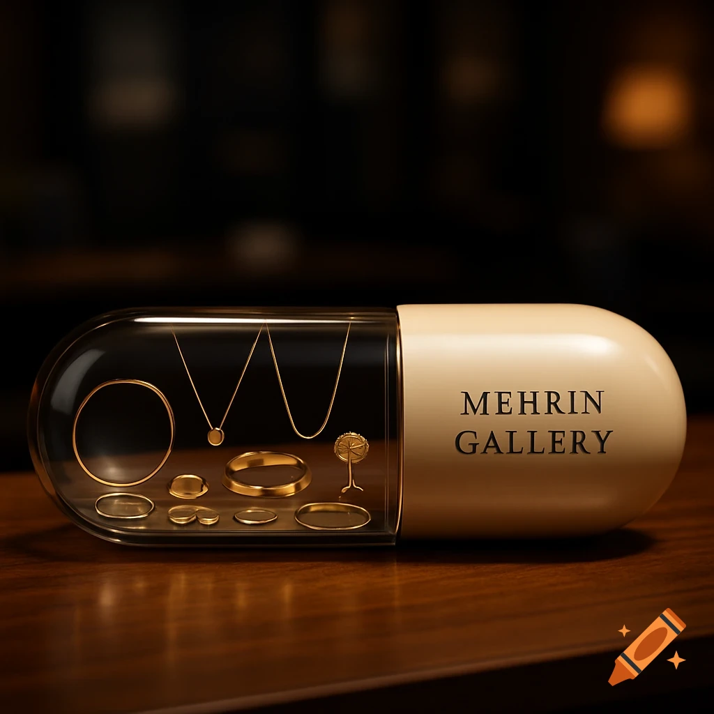 A glossy capsule containing gold jewelry, with "MEHRIN GALLERY" text on the opaque half, on a polished wooden table.