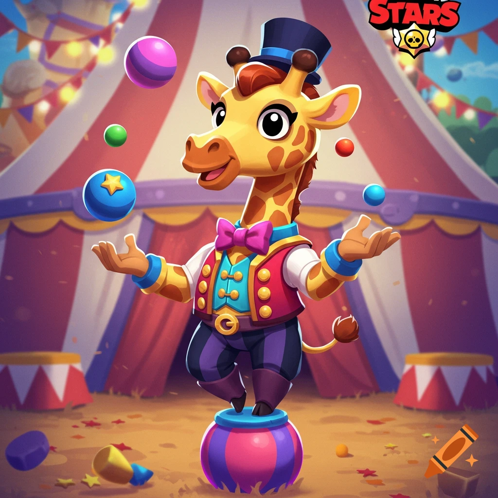 Cartoon giraffe character in a blue top hat, red vest, and purple pants, balancing on a striped barrel while juggling colorful balls in a circus tent.