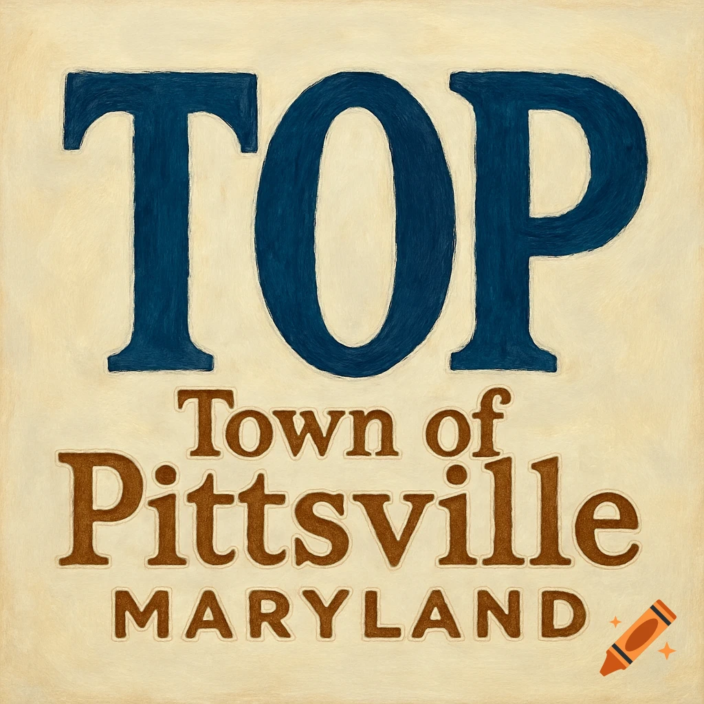 A painted sign-style logo with large blue 'TOP' text over brown 'Town of Pittsville Maryland' on a beige background.