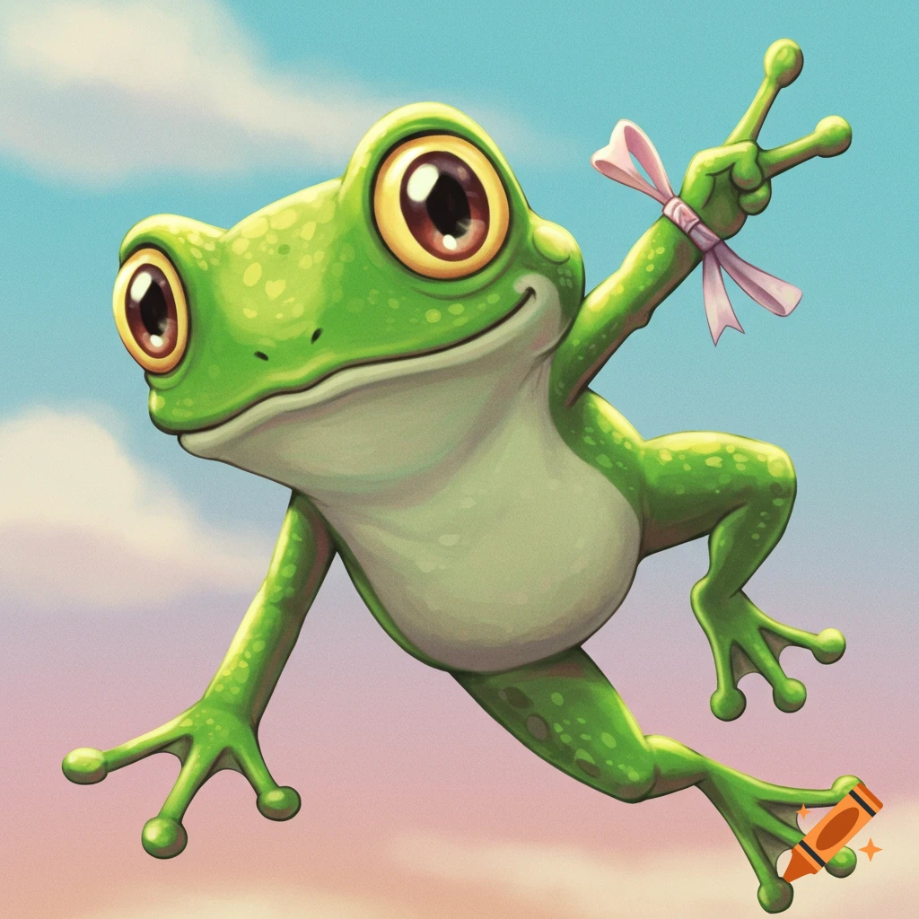 A vibrant green cartoon frog with large eyes and a pink bow on its right arm, smiling against a blue and pink sky.