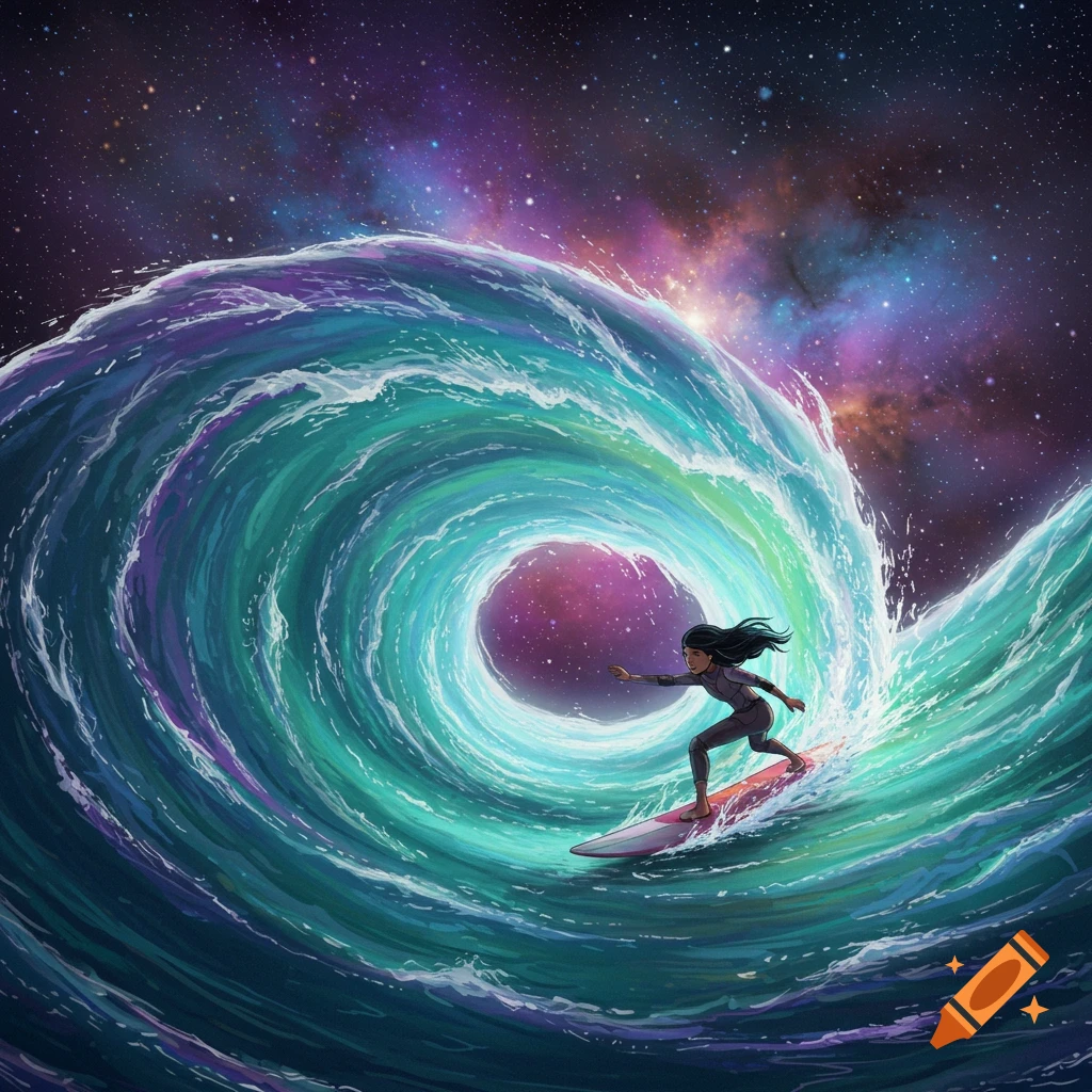 A person surfs a large, swirling wave under a vibrant starry galaxy sky.