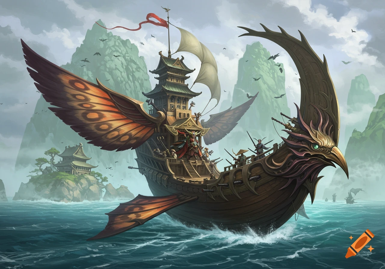 A grand fantasy airship with moth-like wings and a bird-shaped prow sails over rough seas amidst mist-shrouded mountains and traditional Japanese-style buildings on islands.