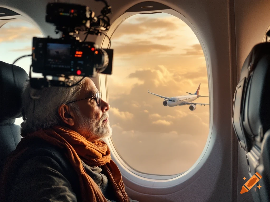 Photorealistic image of a man resembling PM Modi looking out an airplane window at another plane in a golden sky, with a camera mounted above.