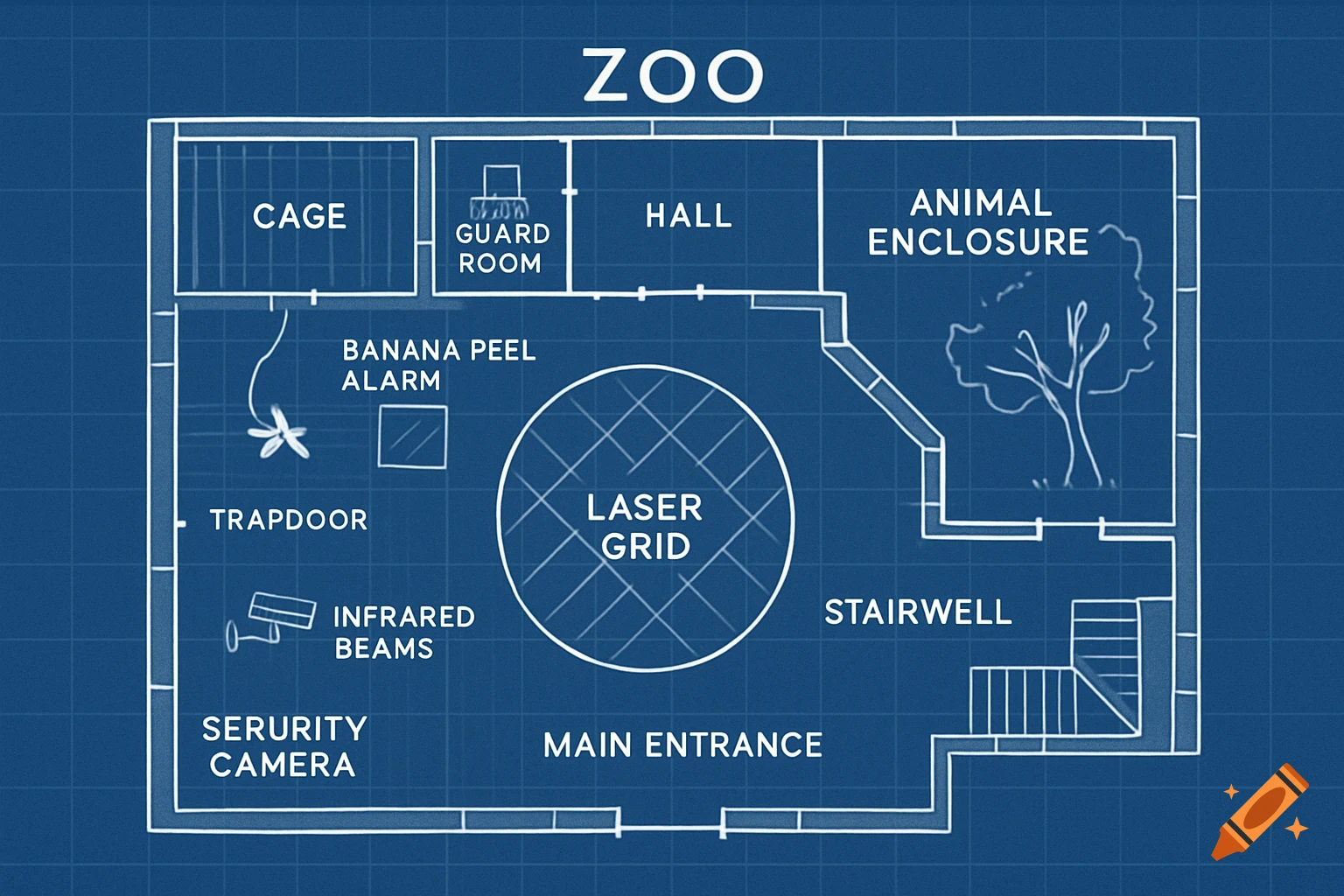 A blueprint of a high-security zoo, featuring rooms like a laser grid, animal enclosure, and a banana peel alarm.