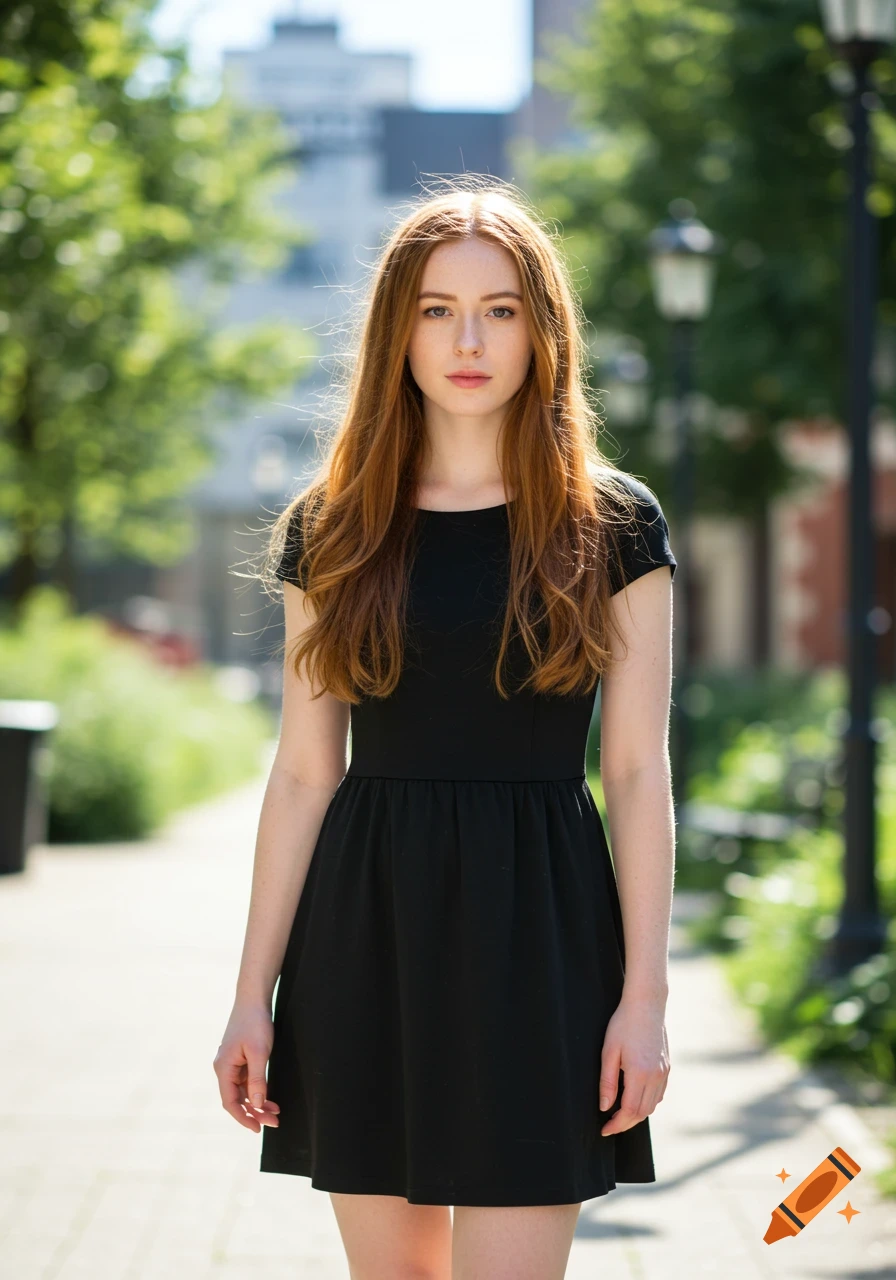 A young woman with long red hair wearing a black dress stands on a paved path outdoors, surrounded by green trees and buildings.