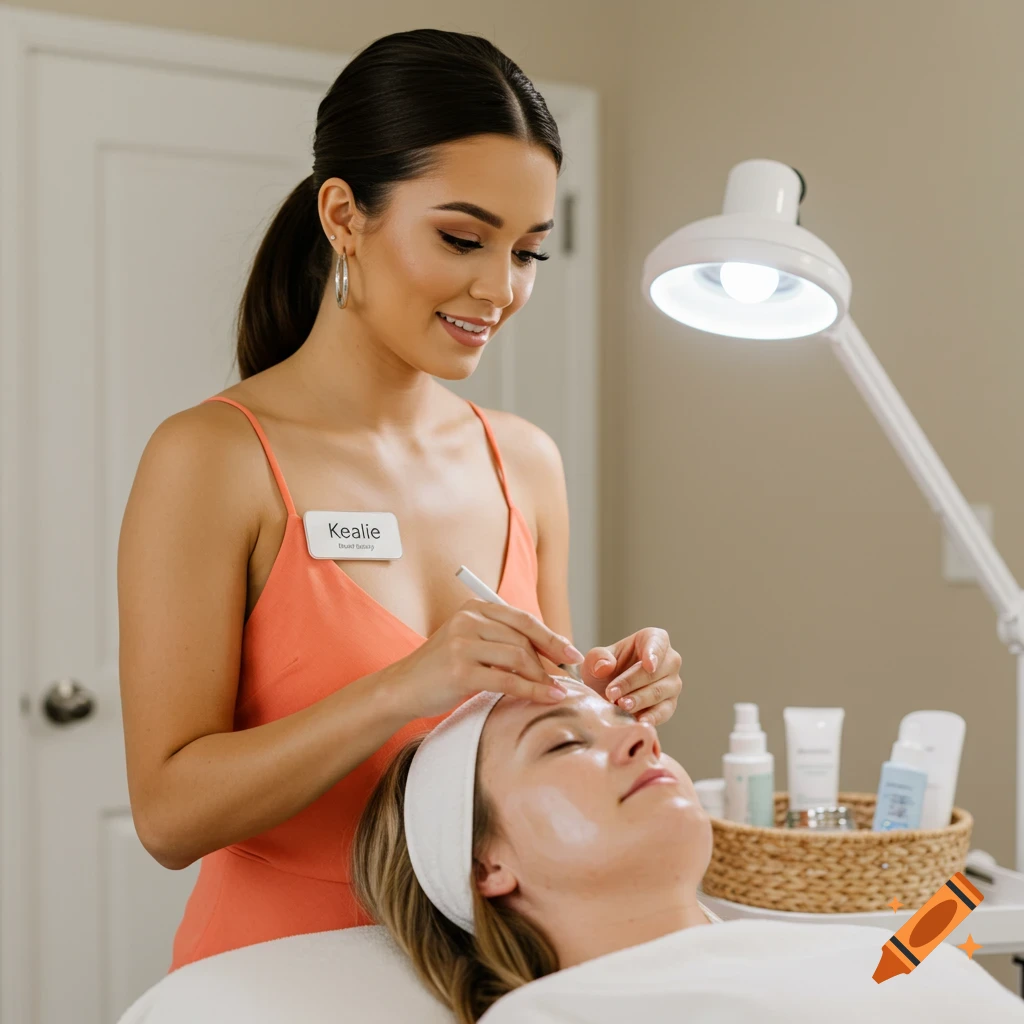 A woman with a nametag reading 'Kealie' gives another woman a facial treatment in a beauty salon. Photorealistic.