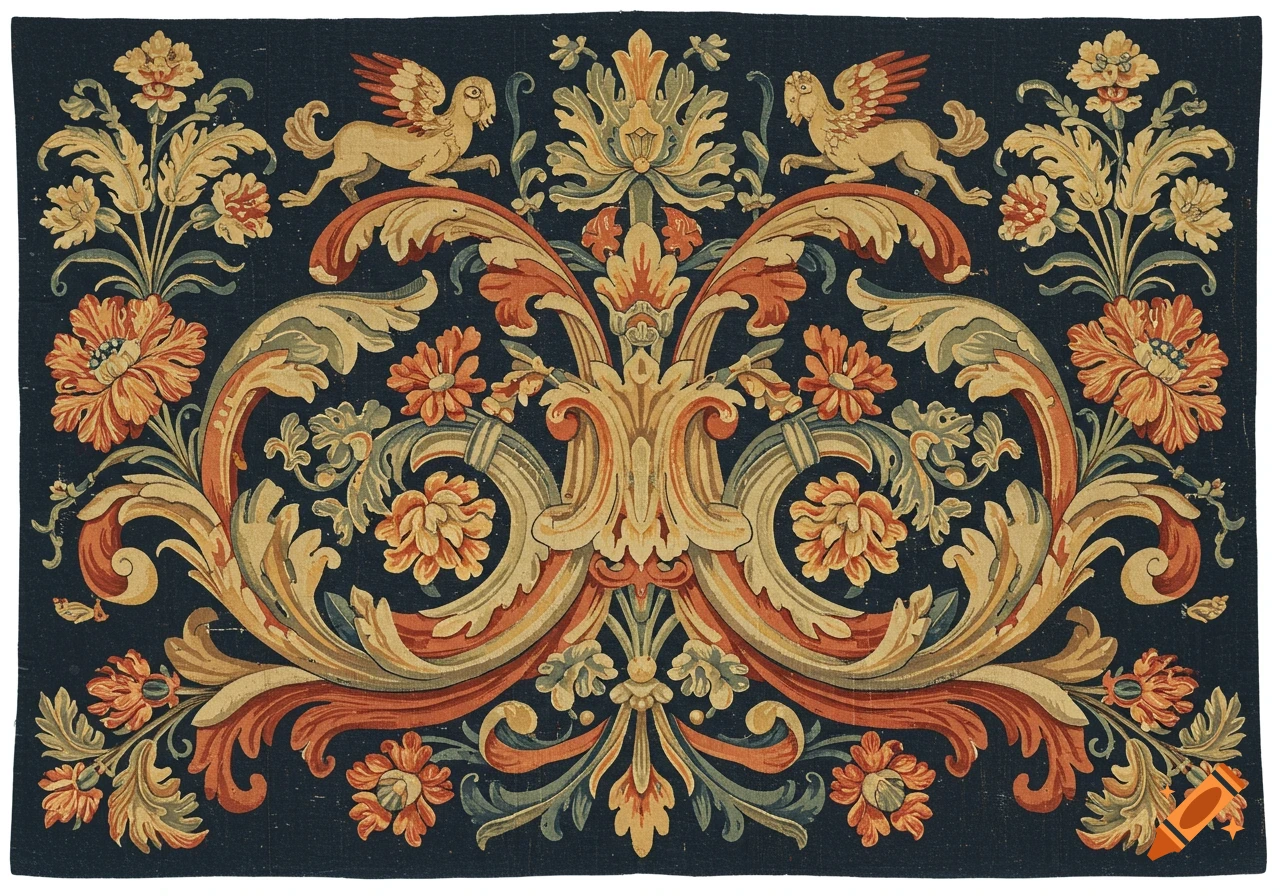 Antique tapestry with ornate floral and foliage patterns, symmetrical design, and two winged mythical creatures on a dark background.
