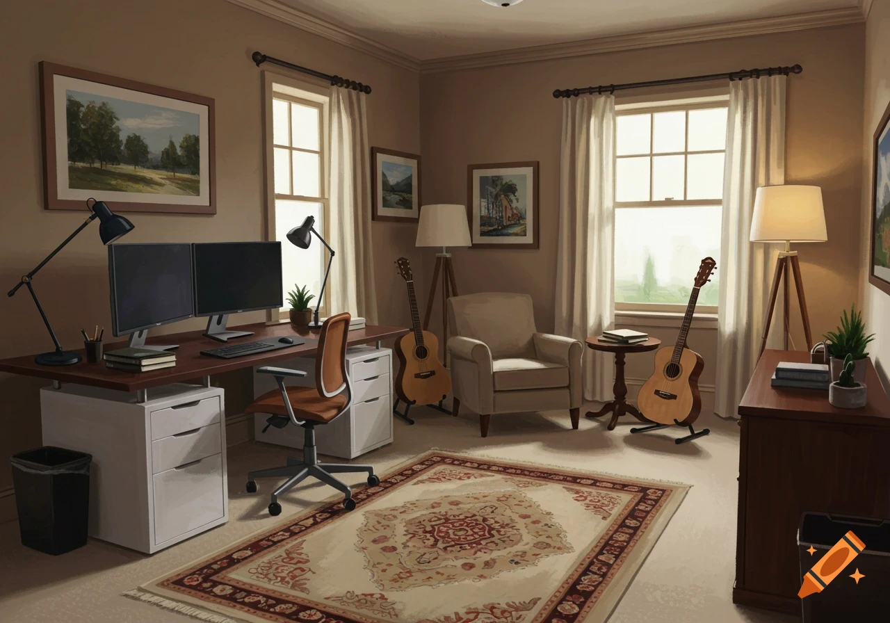 A serene and professional home office in transitional style with a desk, dual monitors, armchair, guitars, and artwork.