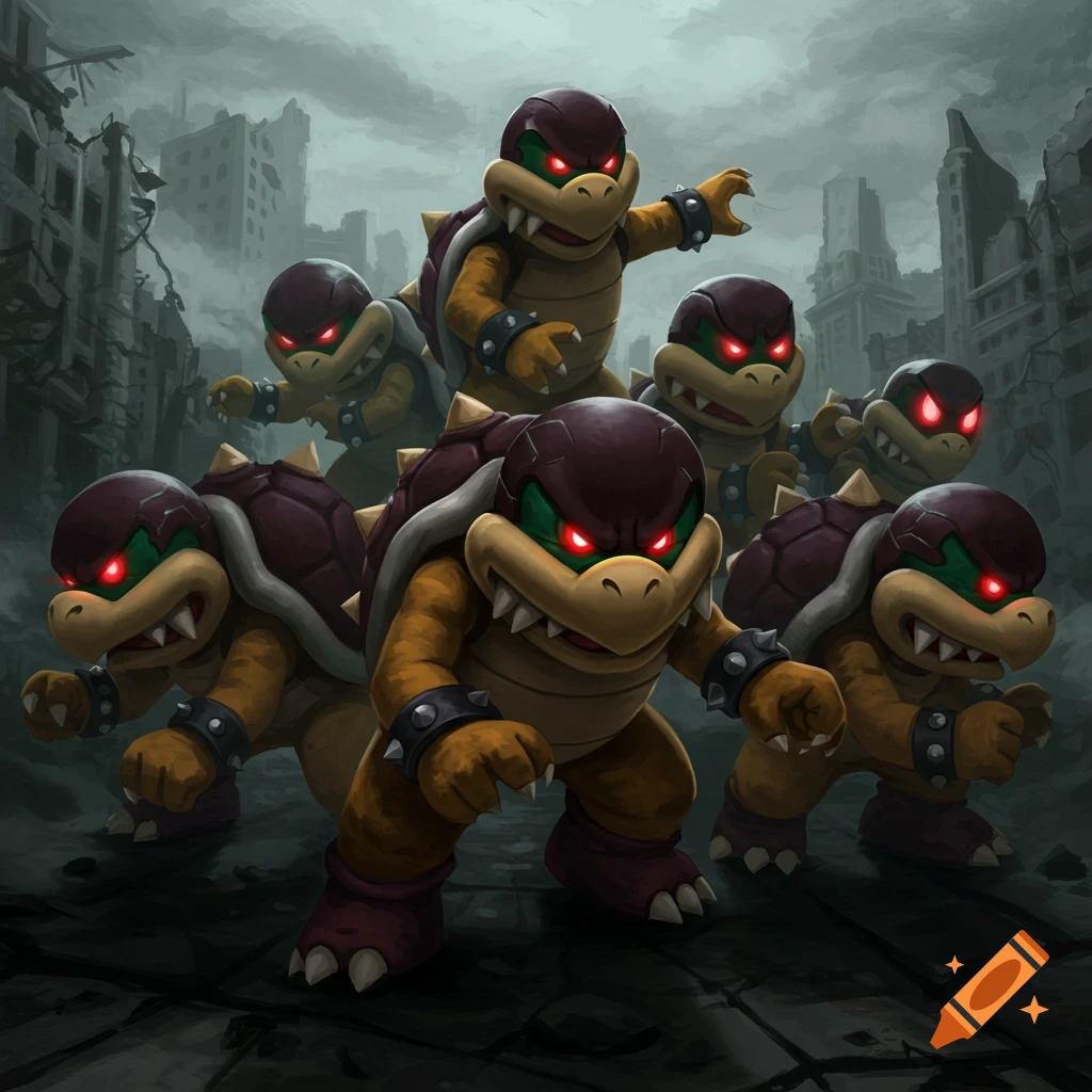 Intimidating group of red-eyed turtle creatures resembling Koopalings in a desolate, ruined city.