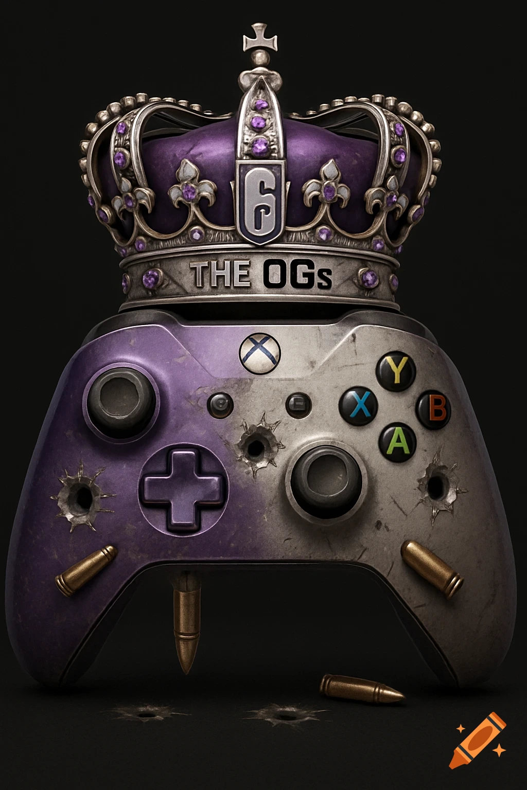 A hyper-realistic purple and white Xbox controller with bullet holes and bullets, topped with a silver and purple crown featuring the text "THE OGs" and the Rainbow Six Siege logo.