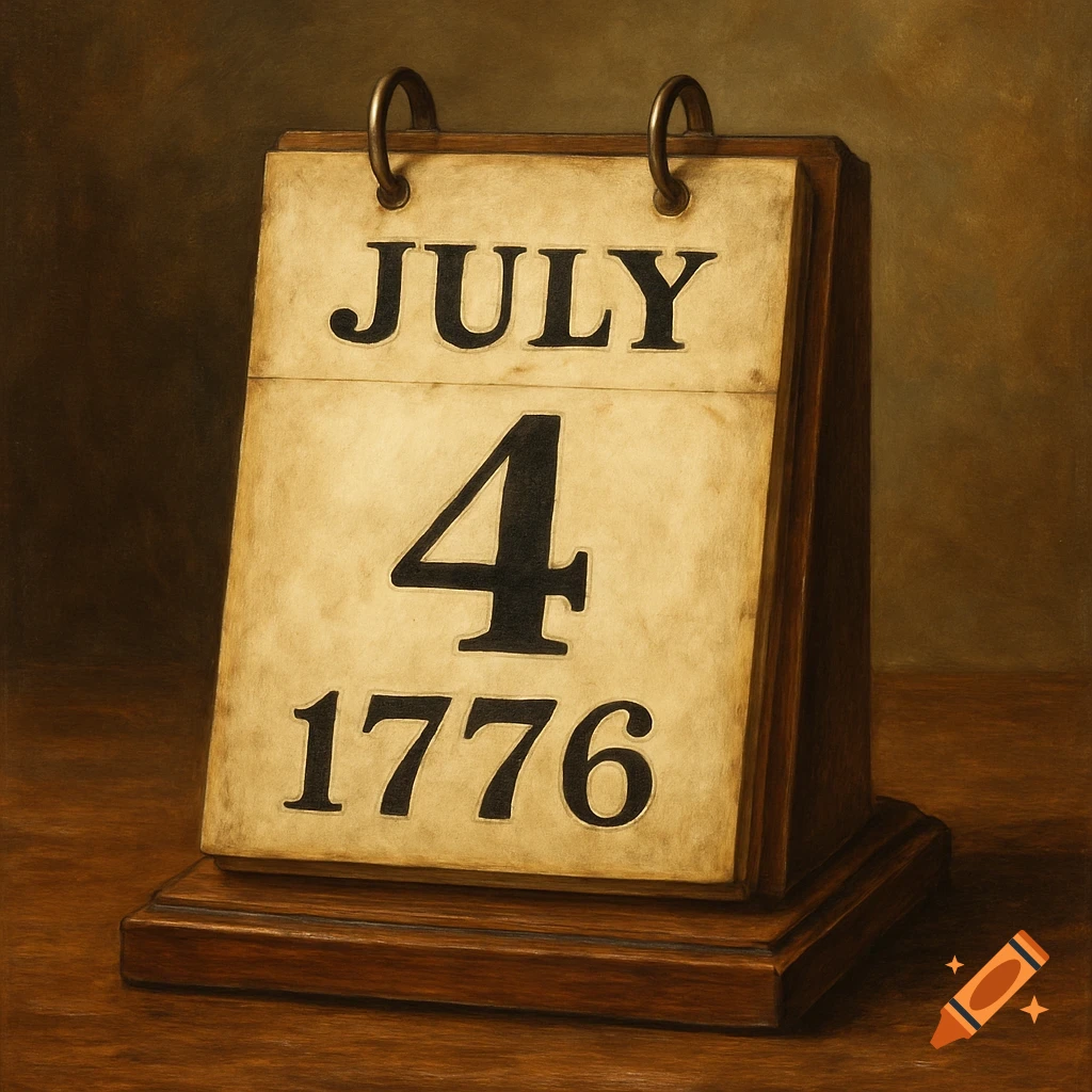 A vintage desk calendar displaying 'JULY 4 1776' on aged paper, rendered in a painterly style.
