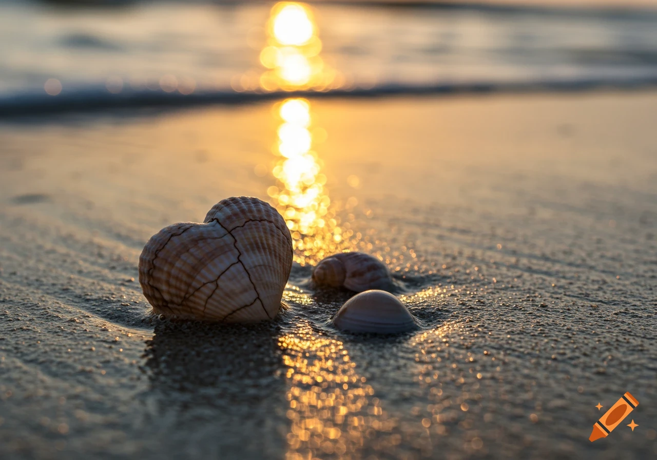 Close-up of a heart-shaped seashell with cracks and two smaller shells on a wet sandy beach at sunset, with sunrays reflecting on the water.