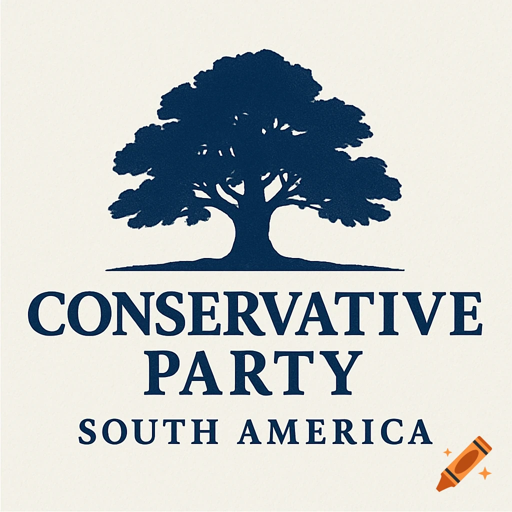 A dark blue logo featuring a tree above the words 'CONSERVATIVE PARTY SOUTH AMERICA' on a light background.