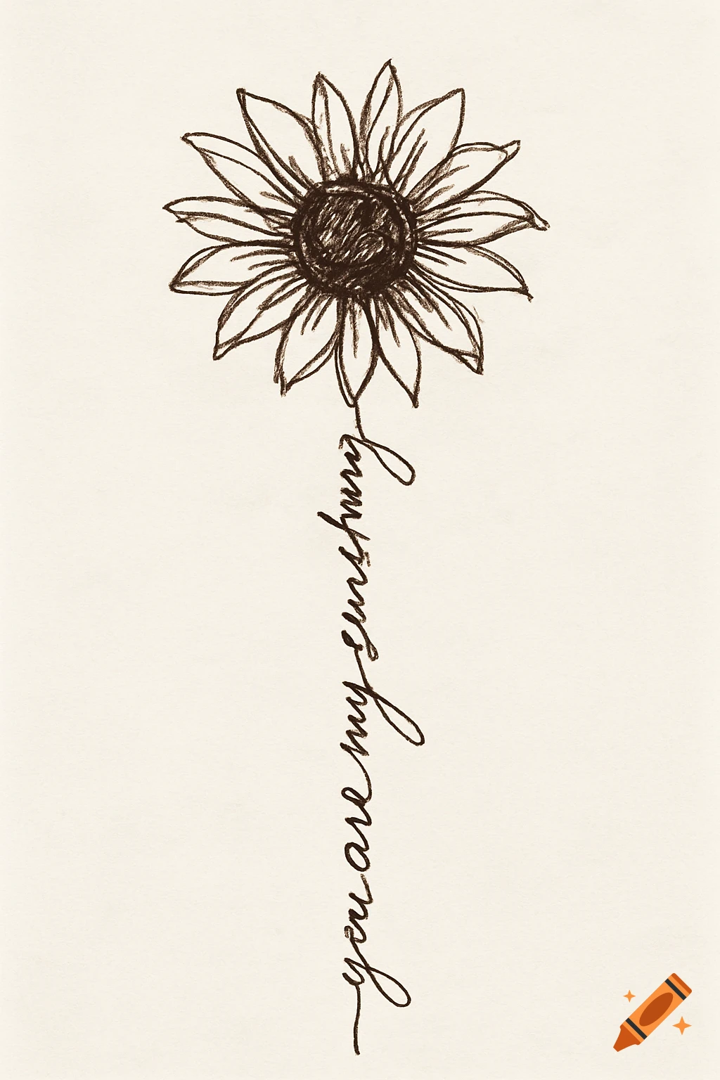 A minimalist sketch of a sunflower with "you are my sunshine" written in cursive as its stem.