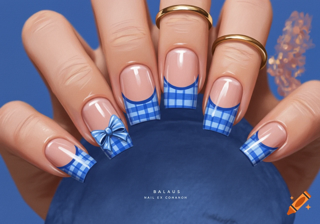 Close-up of a hand with blue plaid French tip nails, one featuring a blue bow, and two gold rings on the fingers.