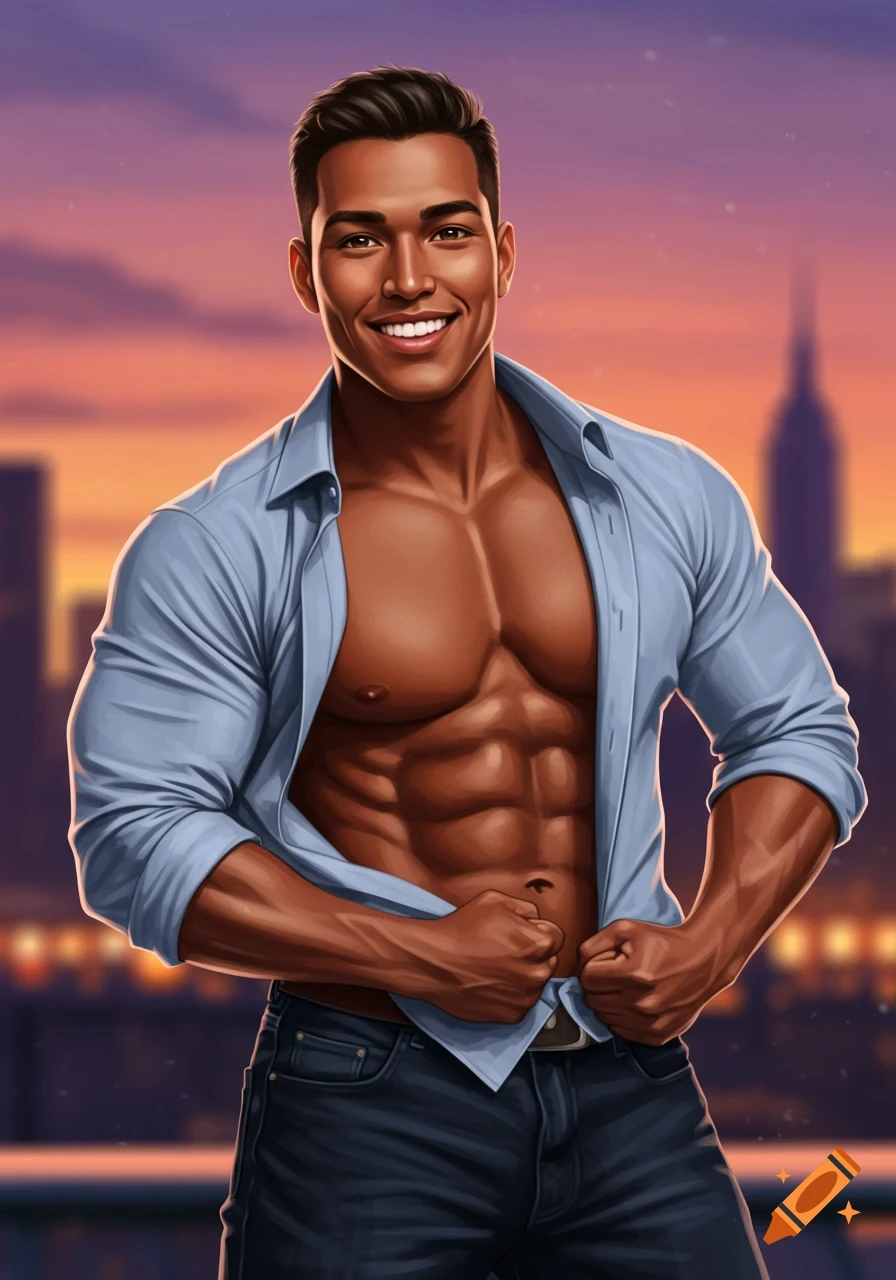 A digital art portrait of a handsome, muscular Latino man with an unbuttoned shirt, smiling against a sunset city skyline.