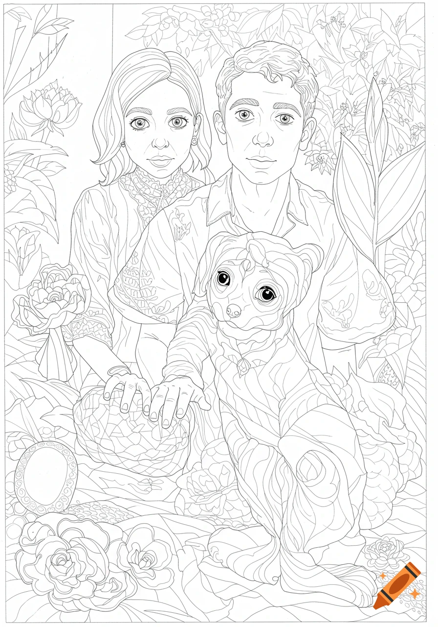 Detailed line art of a man, woman, and a dog sitting amongst lush plants and flowers, suitable for coloring.