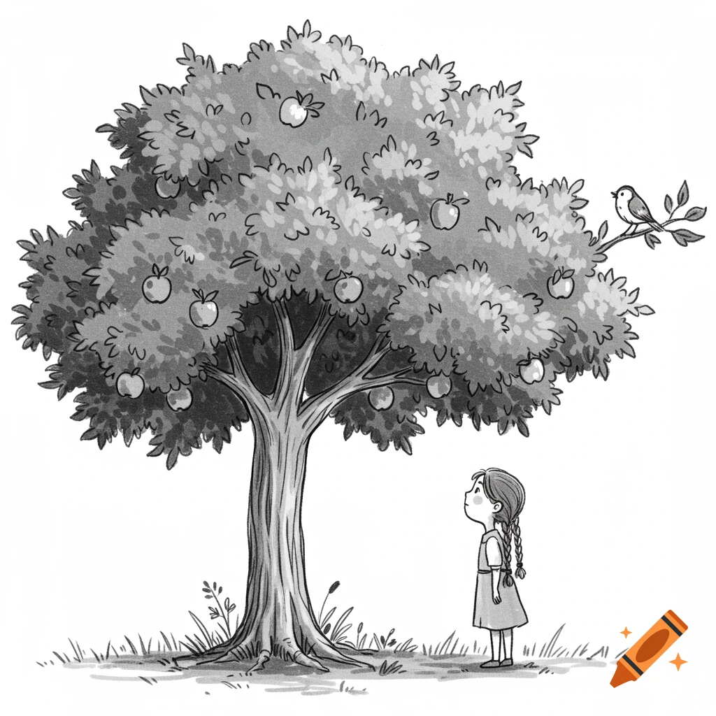 Black and white sketch of a young girl under an apple tree looking up at a bird on a branch.