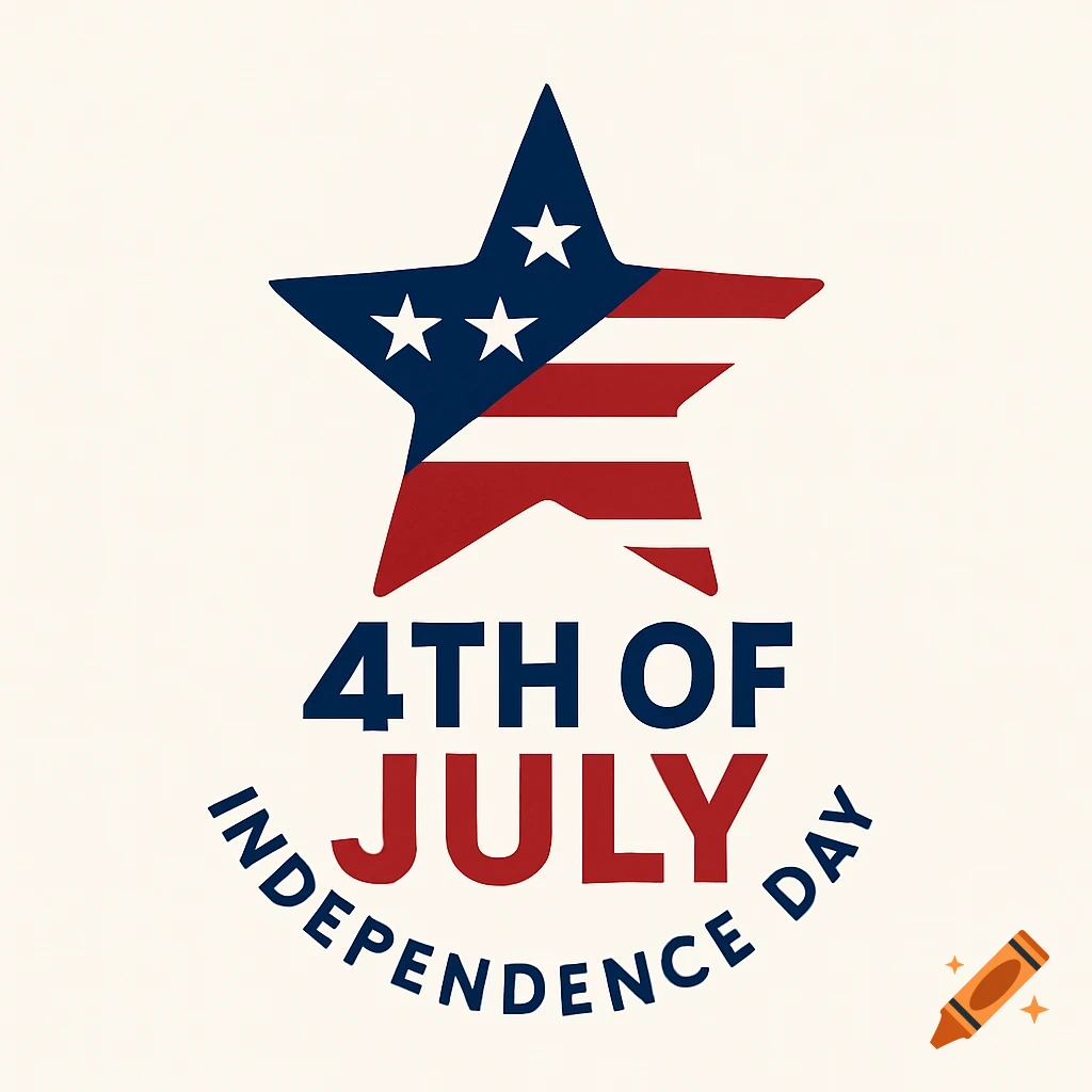 A patriotic logo featuring a star with blue and red stripes, and the text '4TH OF JULY INDEPENDENCE DAY'.
