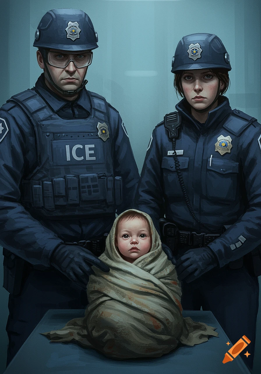 Two police officers, a man and a woman, stand behind a swaddled baby on a table in a dimly lit room, in a painted style.